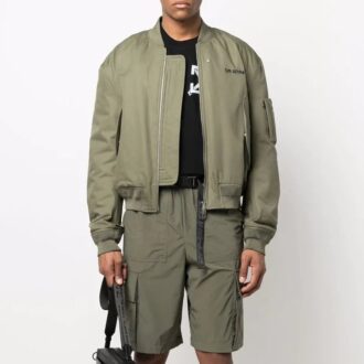 Off-White Men’ s SS22 Logo Embroidered Ribbed Collar Aviator Jacket Military Green