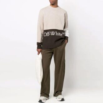 Off-White Men’ s SS22 Logo Intarsia Colorblock Wool Sweater Beige