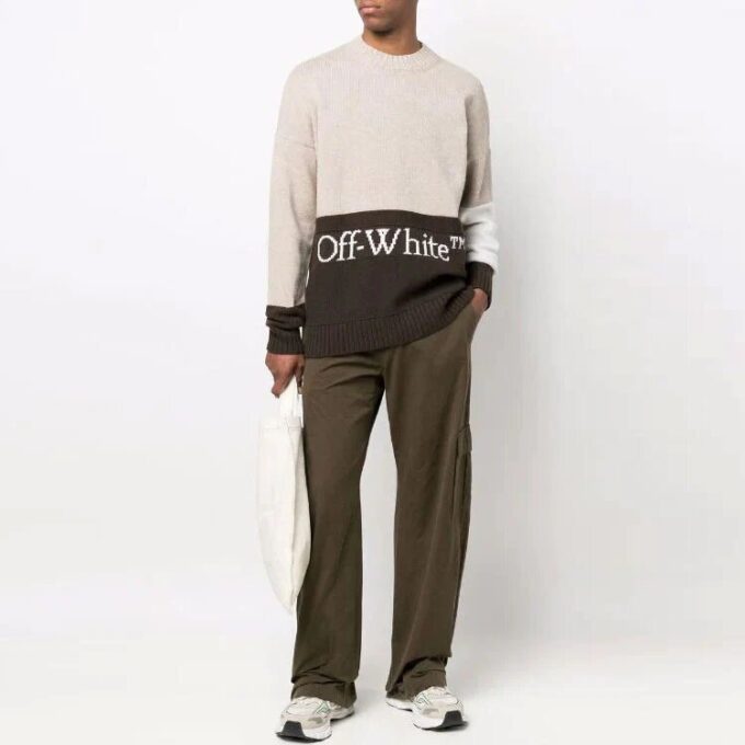 Off-White Men’ s SS22 Logo Intarsia Colorblock Wool Sweater Beige