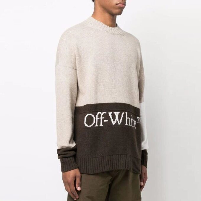 Off-White Men’ s SS22 Logo Intarsia Colorblock Wool Sweater Beige