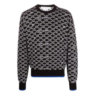 Off-White Men’ s SS22 Logo Intarsia Knit Round Neck Long Sleeves Wool Sweater Black