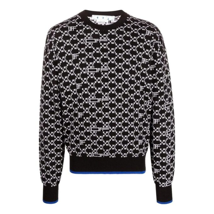Off-White Men’ s SS22 Logo Intarsia Knit Round Neck Long Sleeves Wool Sweater Black
