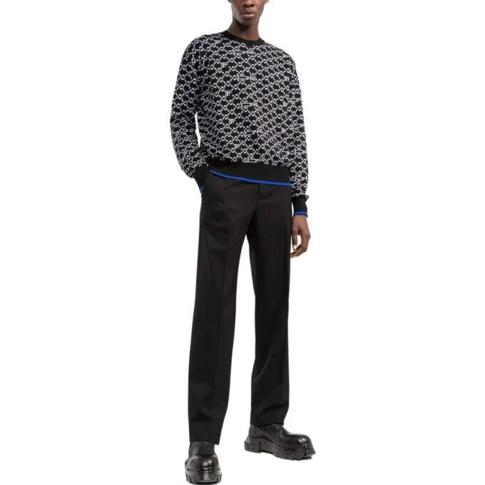 Off-White Men’ s SS22 Logo Intarsia Knit Round Neck Long Sleeves Wool Sweater Black