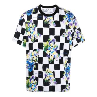 Off-White Men’ s SS22 Plaid Flowers Printing Round Neck Short Sleeve Loose Fit Black T-Shirt Off-White Men’ s SS22 Plaid Flowers Printing Round Neck Short Sleeve Loose Fit Black T-Shirt