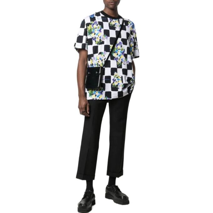 Off-White Men’ s SS22 Plaid Flowers Printing Round Neck Short Sleeve Loose Fit Black T-Shirt