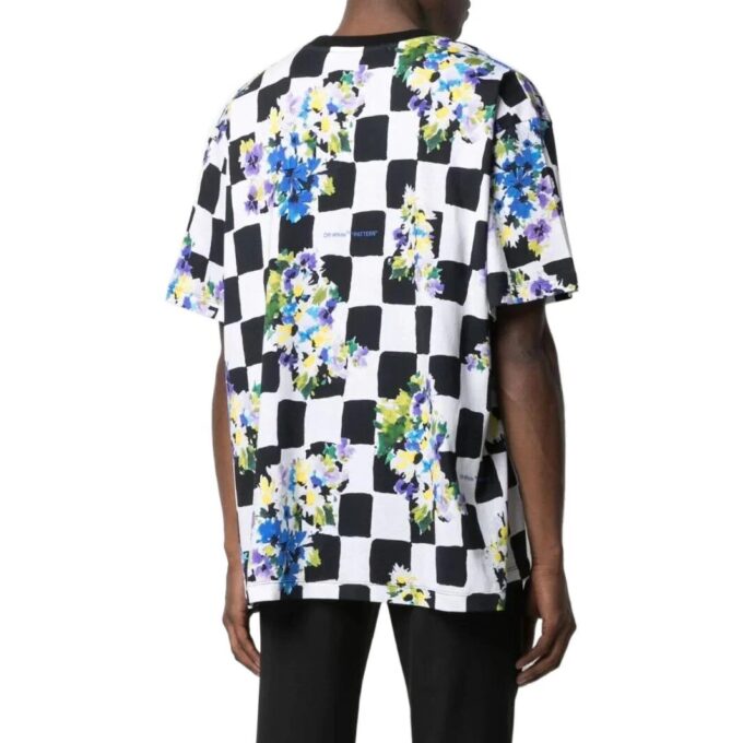 Off-White Men’ s SS22 Plaid Flowers Printing Round Neck Short Sleeve Loose Fit Black T-Shirt