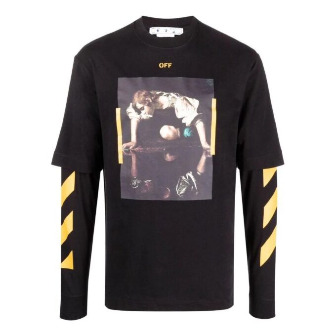 Off-White Men’ s SS22 Printing Round Neck Long Sleeves Version Black T-Shirt