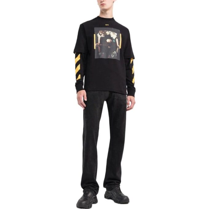 Off-White Men’ s SS22 Printing Round Neck Long Sleeves Version Black T-Shirt