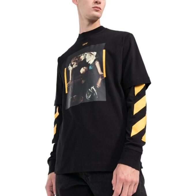 Off-White Men’ s SS22 Printing Round Neck Long Sleeves Version Black T-Shirt