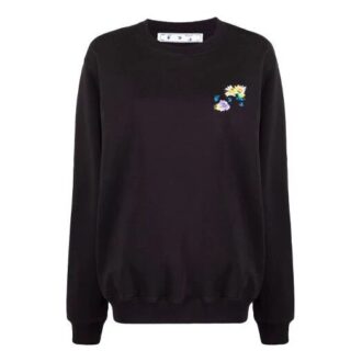 Off-White SS21 Plaid Flowers Printing Round Neck Long Sleeves Black Hoodie Off-White SS21 Plaid Flowers Printing Round Neck Long Sleeves Black Hoodie